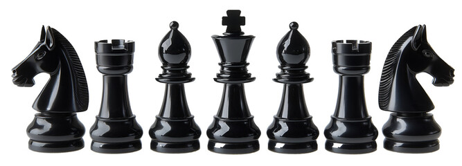 Black Chess pieces on transparent background including knight, bishop, king and rook