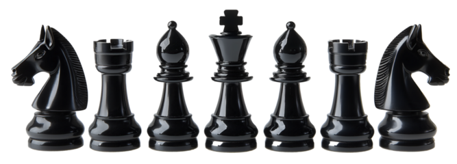 Black Chess pieces on transparent background including knight, bishop, king and rook