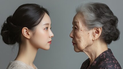 Young woman and her elderly mother take care of their skin and look great,Two generations,Beautiful middle aged mother and her adult daughter,skincare and Aging concept,Comparison of young and old.