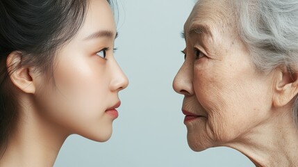Young woman and her elderly mother take care of their skin and look great,Two generations,Beautiful middle aged mother and her adult daughter,skincare and Aging concept,Comparison of young and old.