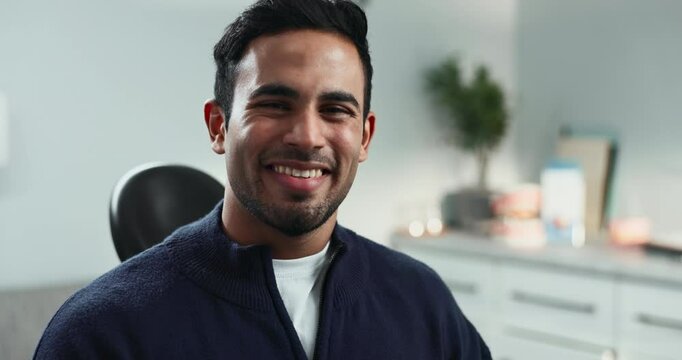 Happy, face and man patient with dental appointment for teeth cleaning, whitening or checkup. Smile, portrait and male person at dentistry clinic for root canal, tooth filling or cavity treatment.