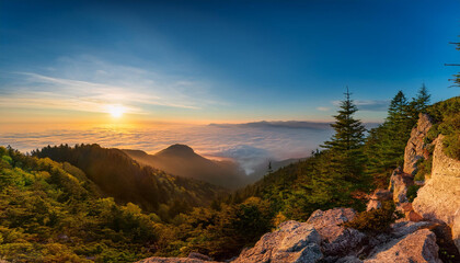 Obraz premium Amanecer desde la montaña sobre un bosque mediterráneo en el que se posa la niebla