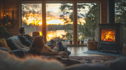 Woman and man on a sofa in a country house with a panoramic window near a fireplace with a place for heating, created with Generative AI technology