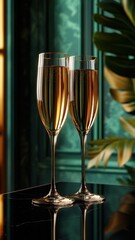 Gold glass champagne bottle on table in restaurant,A lot of glasses of champagne in a luxurious atmosphere,celebration theme with champagne,party friends,New year's eve celebration,copy space.