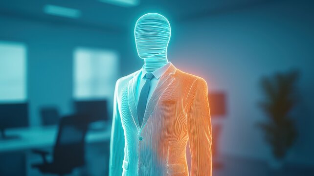 A futuristic figure in a glowing suit, representing the blend of technology and professionalism in a modern office setting.
