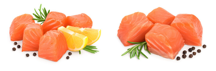 raw salmon piece cube with rosemary, lemon and peppercorn isolated on white background close up