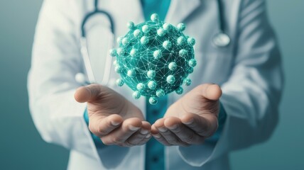 A healthcare professional holds a 3D representation of a virus, emphasizing the importance of medical research and health awareness.