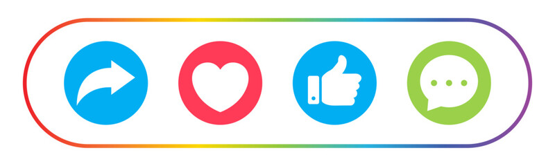 Like, Share, comment and love heart icon buttons in color on white background. Like button, thumb up, love and heart, comment, repost and share icon button. Vector illustration.