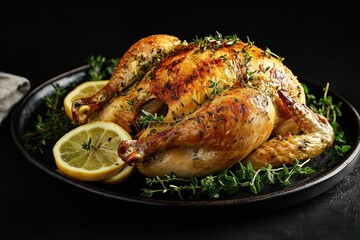 A beautifully roasted chicken garnished with herbs and lemon slices on a dark plate.