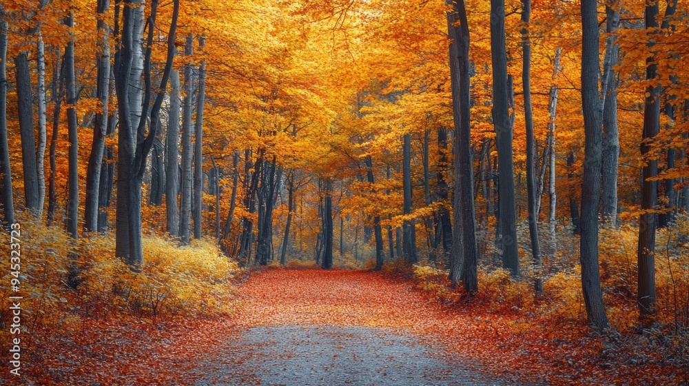 Poster A path through a forest with trees that are orange and yellow