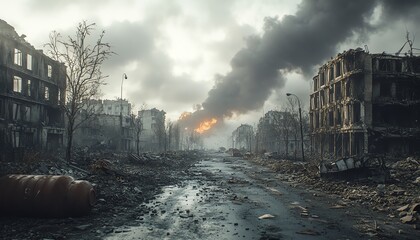 Ultrarealistic 4K image of a country in ruins after the war