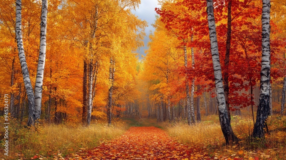 Poster A path through a forest with trees that are orange and yellow