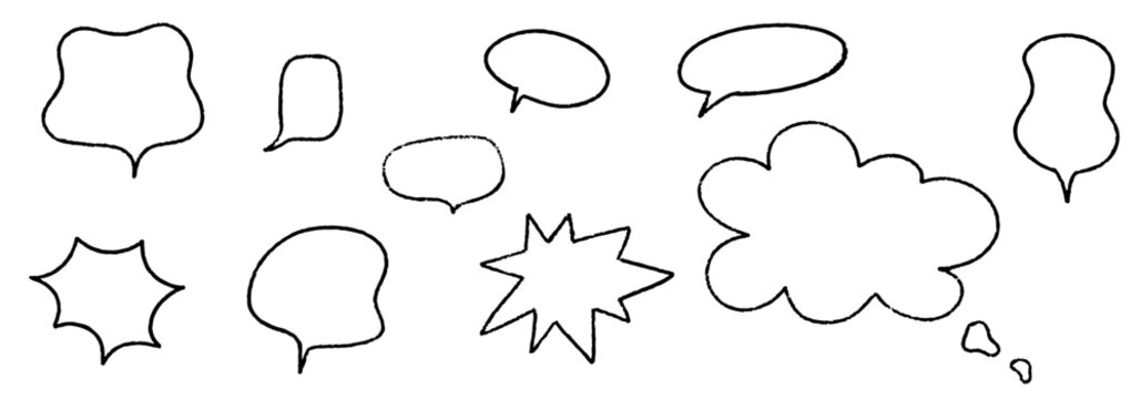 Crayon speech bubble set. Round, cloud and star frame for text. Chalk texture dialog balloon. Crayon bubble for talk and comic design. Vector illustration