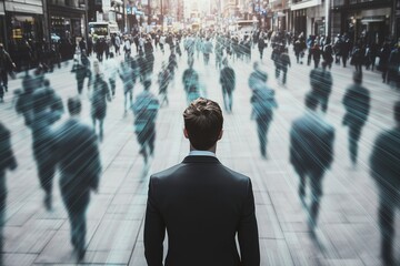 Businessman on the street standing in a walking crowd