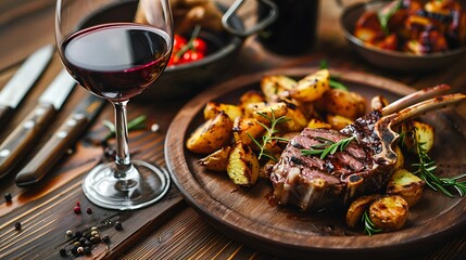Naklejka premium Grilled Lamb Chops with Roasted Potatoes and Red Wine