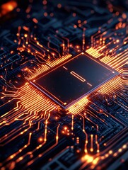 Close-up of a microchip surrounded by glowing circuitry, showcasing modern technology and intricate design.