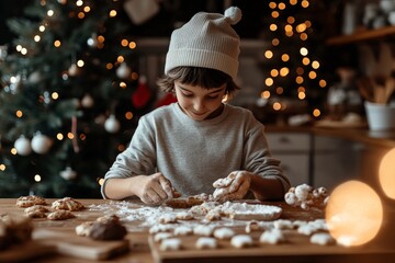 Child in a cozy hat and sweater focused on baking cookies at home, surrounded by holiday decorations and cookie ingredients on the table, creating a warm and festive atmosphere.