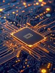 Close-up view of a computer chip on a circuit board, showcasing intricate patterns and glowing connections.