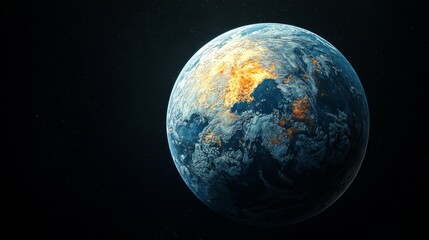 Earth-Like Planet: Close-up of an Earth-like planet with continents, oceans, and visible weather systems