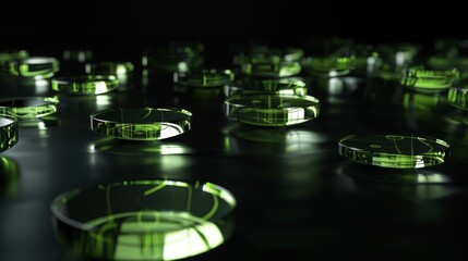 Floating green graphics and transparent charts in zero gravity against a black backdrop