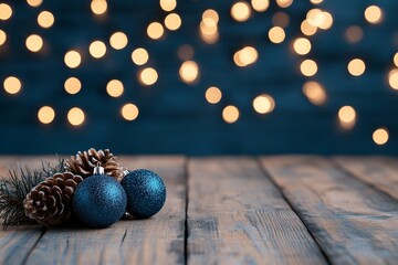 Two blue Christmas ornaments and pine cones are artistically arranged on a rustic wooden table, highlighted by a background of warm, soft-focused twinkling lights, creating a festive mood.