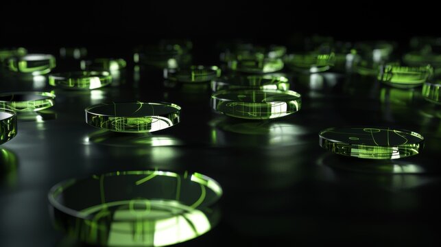 Floating green graphics and transparent charts in zero gravity against a black backdrop