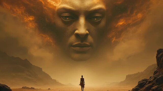 Lone warrior dances beneath fiery celestial face in violet landscape. Slow pan reveals intricate details of cosmic entity and dancer. Eerie atmosphere blends historical and cosmic themes.	