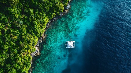 Aerial view of a white sailboat anchored in turquoise water near a lush green island.