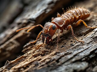 A close-up of a brown ant with a segmented body, walking on a piece of weathered wood.