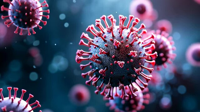 Digital illustration depicting the detailed structure of a coronavirus particle with spike proteins in a microscopic view.
