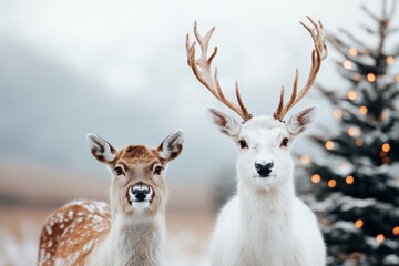 Obraz premium Two deer stand in a snowy landscape featuring an adorned Christmas tree in the background, evoking a serene and festive outdoor holiday atmosphere.