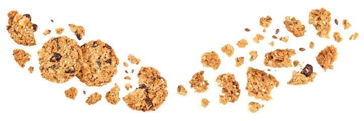 Granola cookie isolated on white background with full depth of field. Top view. Flat lay.