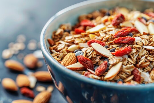 Healthy Breakfast Bowl with Almonds, Goji Berries, and Whole-Grain Cereal for Nutritious Start - Powered by Adobe