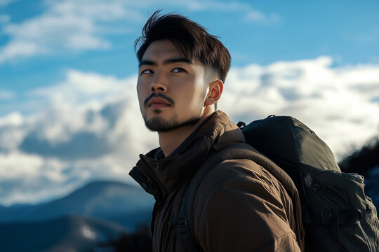 Close-Up of Young Asian Man with Backpack Against Mountainous Landscape, Outdoor Adventure