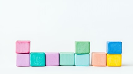 Obraz premium A row of colorful wooden blocks arranged in a playful pattern on a white background.