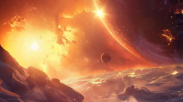 Cosmic Inferno: A fiery hellscape of planets and nebulae collide in a breathtaking cosmic spectacle. 