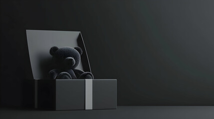 A simple yet elegant scene with a teddy bear peeking out of a sleek, monochrome gift box