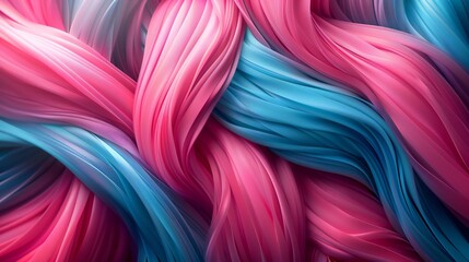 Dynamic 3D coiled threads, satin thread, bright pink and teal background, woven patterns and soft shadows.
