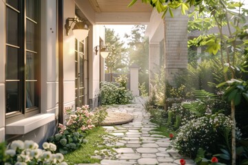 Fototapeta premium A stone path leads from a homes exterior to a lush back yard