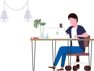 The boy is working from home.