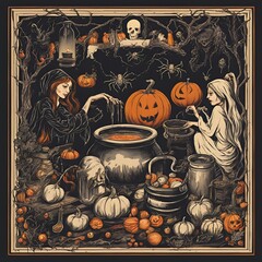 macabre Halloween night with witches, spiders, and potion cauldrons
