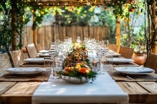 Outdoor festive table setting with natural decor under a sukkah