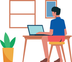 The boy is working on the laptop.