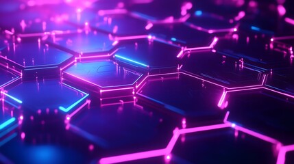 Fototapeta premium vibrant and dynamic technology background, incorporating neon-colored hexagons and digital waveforms that flow across