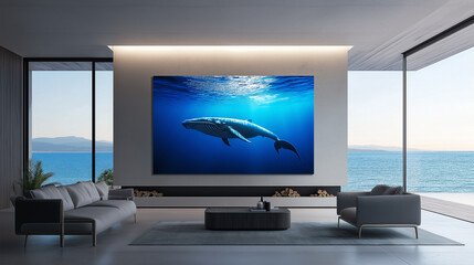 Fototapeta premium A vibrant photograph of a whale on a large canvas, displayed in a modern gallery with dramatic lighting.