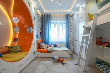 A bright and cheerful childrens bedroom with a unique, curved bed and bunk bed