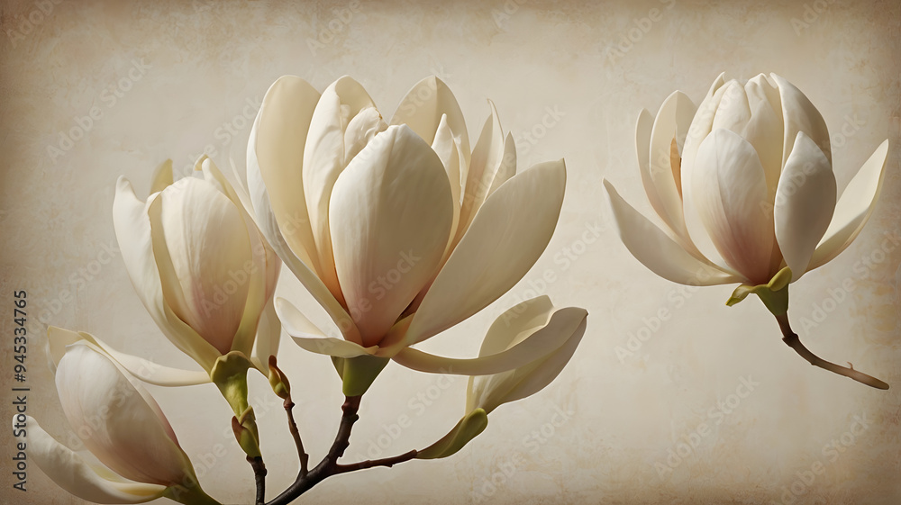 Poster magnolia blossom on wooden background, ai generated