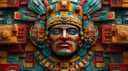 Obraz premium Intricate Aztec-inspired mural showcasing a colorful stone face outdoors