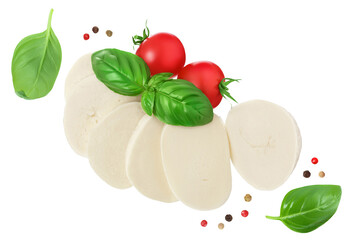 Mozzarella cheese sliced with basil leaf and tomato isolated on white background . Top view. Flat lay