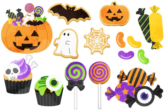 ハロウィンモチーフお菓子のかわいい手描きイラストセット